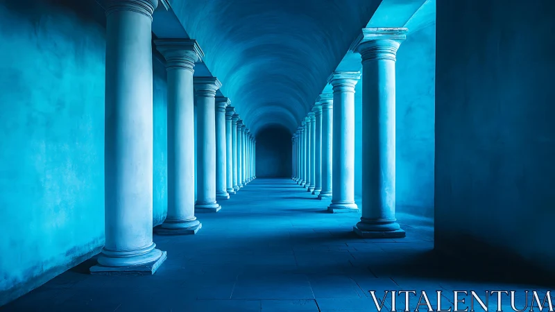 Linear colonnade corridor under blue-toned ambient light.