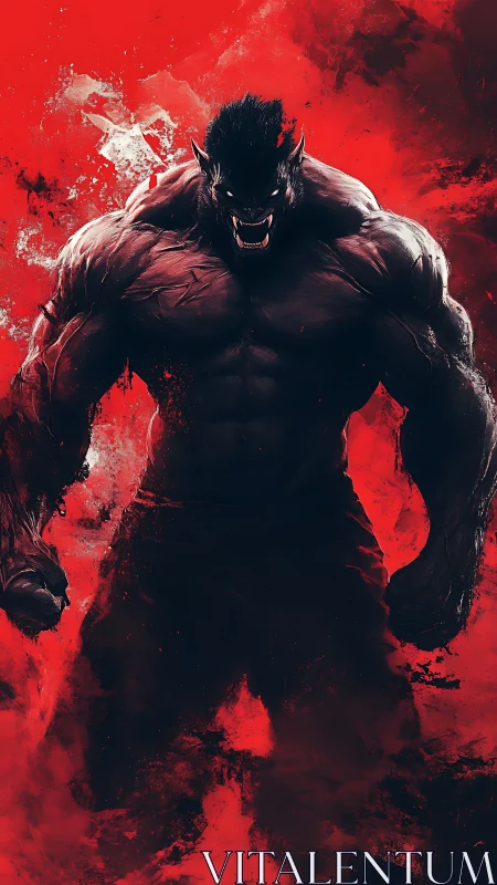 Ferocious werewolf warrior stands against erupting crimson void