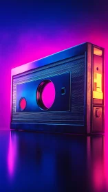Retro cassette tape in neon blue and pink studio light.