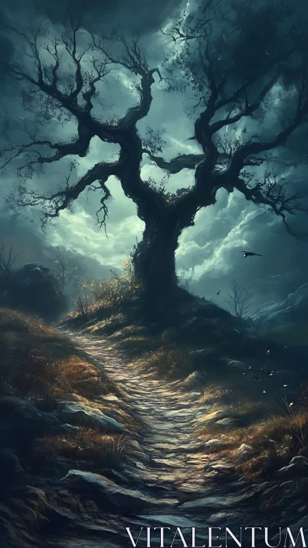 Nocturnal wind-twisted tree above serpentine erosion path.