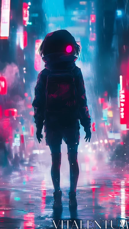 Lone neon‑eyed wanderer walks through rainy cyber city night.