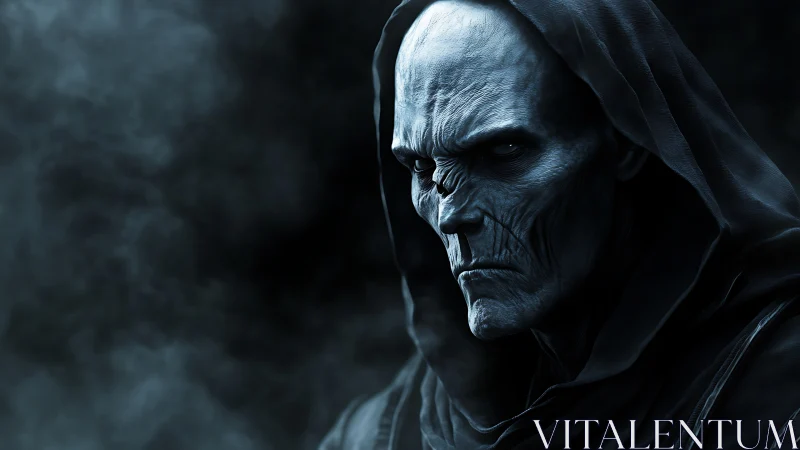 Hooded skeletal figure stares ahead in dark smoky scene