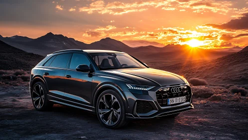 Sun-chasing SUV prowls volcanic desert in molten twilight.