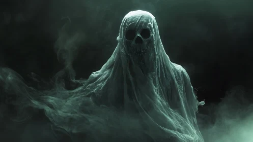 Spectral skull wraith materializes from swirling haunted fog.