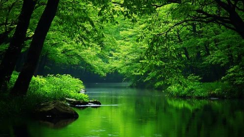 Tranquil Forest River in Lush Greenery, Nature Photography Style.