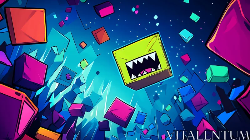 Colorful cube chaos with one tiny pixelated troublemaker.