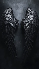 Dark feathered wings against textured grey background.