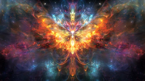 Cosmic energy phoenix explodes in symmetrical nebula light.