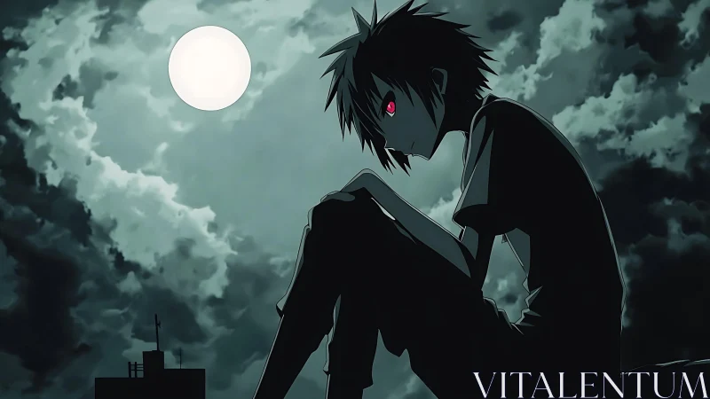 Nocturnal anime silhouette under full moon backlighting.