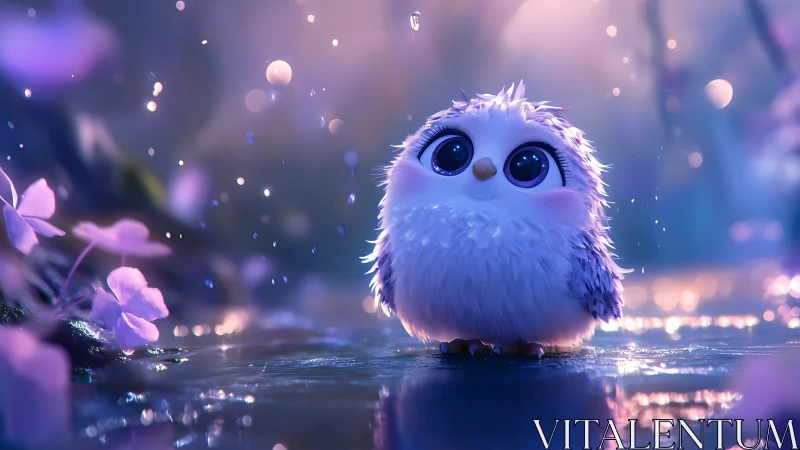 Cute baby owl on wet forest ground in soft purple light.