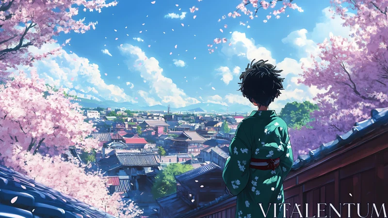 Spring kimono figure overlooking traditional Japanese town panorama