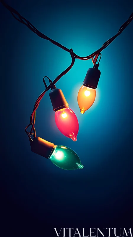 Triadic colored bulbs glow against deep cyan vignette background