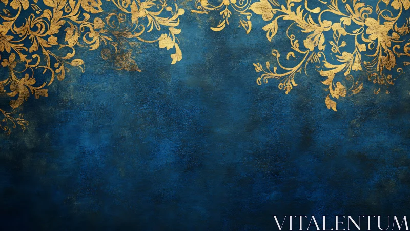 Gold floral filigree shimmers over deep blue textured wall