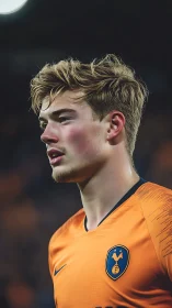 Male football player in orange kit stands under stadium light