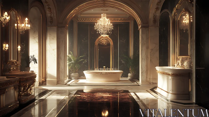Neoclassical marble bath suite under chandelier luminance.