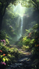 Waterfall Through Ancient Forest Canopy With Radiant Sunlight