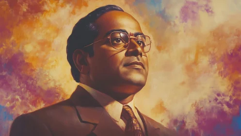 Confident suited man portrait against vivid painted sky.