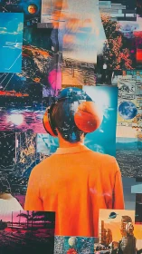 Dreamer in orange hoodie wandering through vivid sci‑fi worlds.