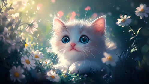 White fluffy kitten with blue eyes surrounded by white daisies.