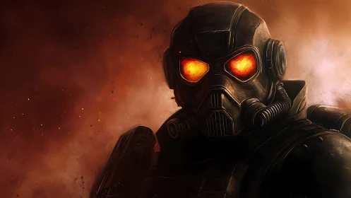 Armored soldier in gas mask amid orange smoky backdrop.