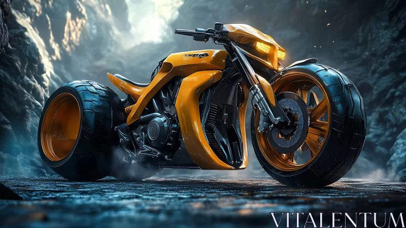 Futuristic orange superbike dominates misty canyon road.