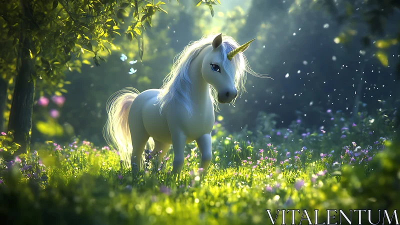 White unicorn standing in a glowing forest meadow scene.