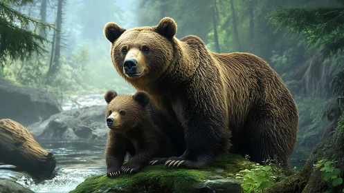 Photorealistic brown bear mother and cub in misty forest river