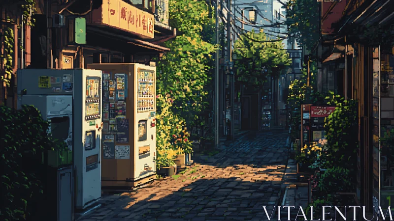 Sunlit vending corner on a quiet, ivy-lined city alley.