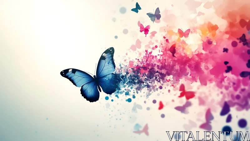 Blue butterfly with abstract multicolor particle trail.