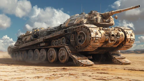Futuristic desert heavy tank vehicle on arid landscape.