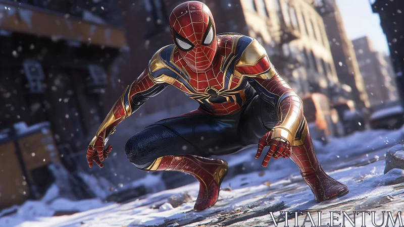Armored superhero crouches in snowy, cinematic city street