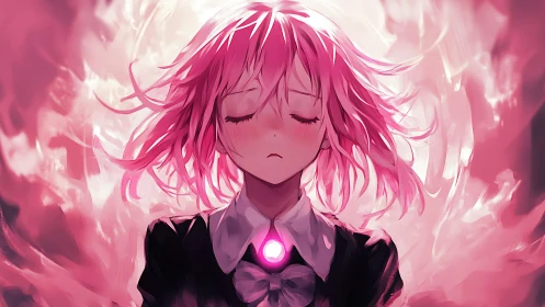 Pink haired anime girl radiates mystical light in soft focus