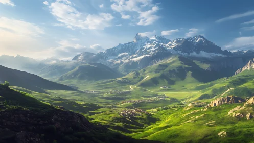 Sunlit green valley beneath rugged snow capped mountains.
