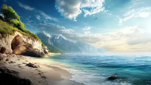 Sunlit coastal escarpment with stratified cliffs and turquoise sea.