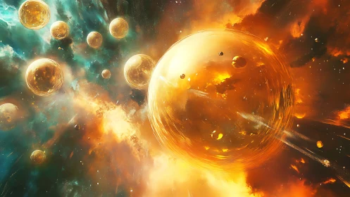 Celestial orb cluster in luminous nebular field composition.