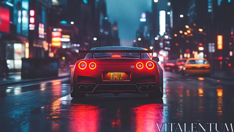 Nightcity supercar under neon rain with reflective streets.