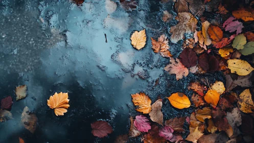Colorful autumn leaves scattered on wet ground and puddle.
