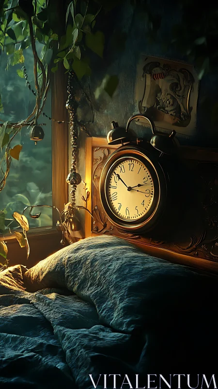 Sunlit vintage alarm clock above a tranquil blue bedscape.