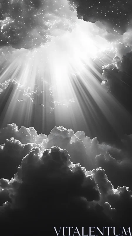 Monochrome celestial clouds pierced by radiant sunbeams.