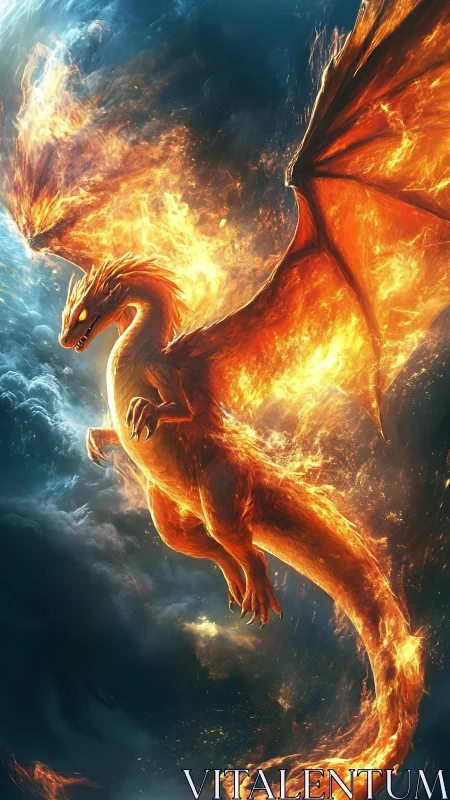Flaming aerial dragon rendered in high-contrast digital fantasy