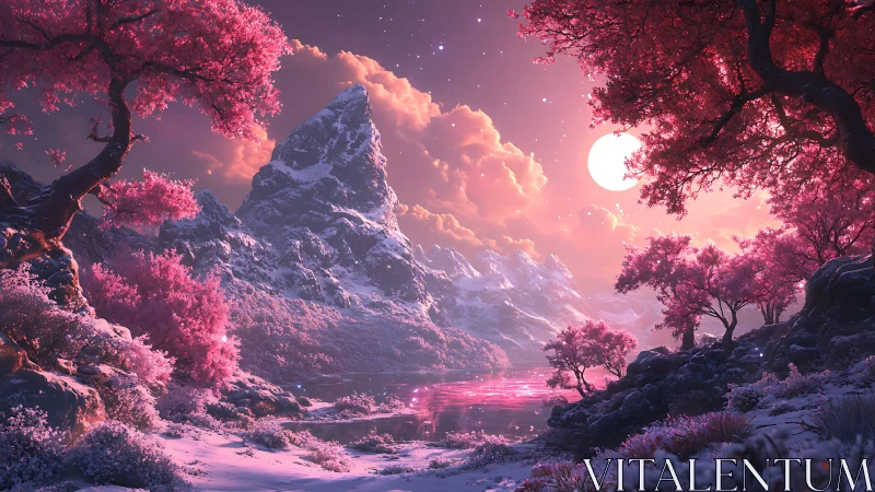 Mountain lake under pink foliage and luminous full moon.