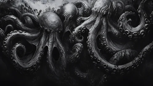 Monochrome abyssal octopus swarm coils through darkness.