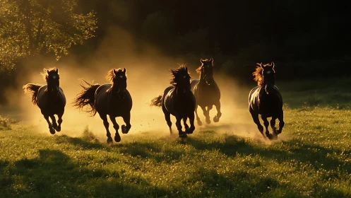 Sunlit thunder of wild horses racing through golden haze.