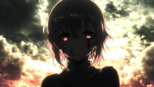 Silhouetted anime girl with glowing eyes at stormy sunset.