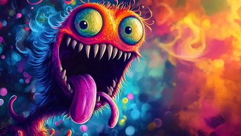 Multicolored cartoon monster with teeth and extended tongue.
