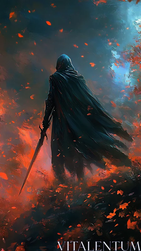 Hooded swordsman strides through ember storm in dynamic chiaroscuro