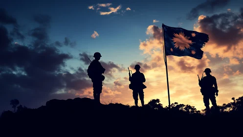 Soldier silhouettes guard battle flag at burning sunset sky
