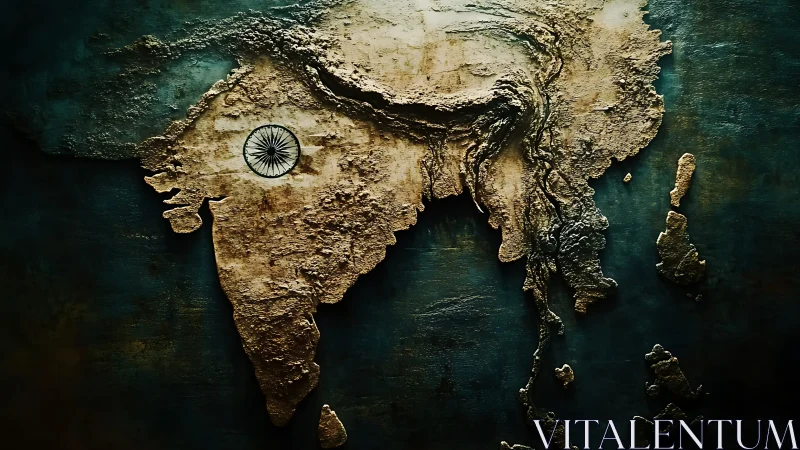 Textured relief map of India with Ashoka Chakra symbol.