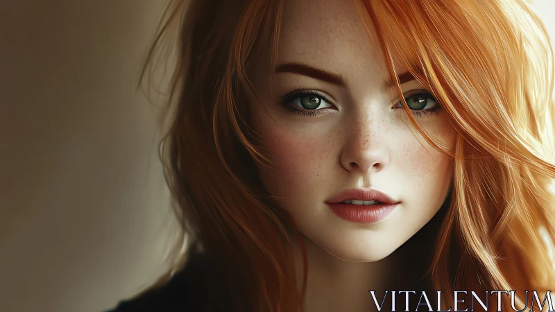 Photorealistic red-haired portrait with soft depth-of-field lighting.