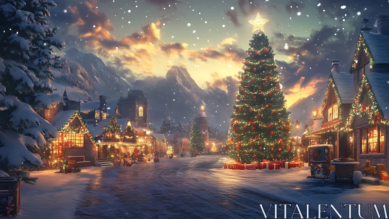 Snowy alpine village street with illuminated Christmas tree.
